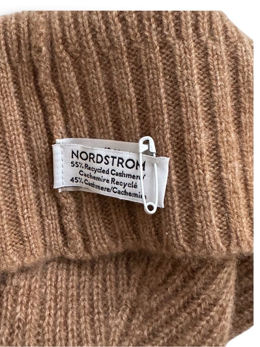 Nordstrom Recycled Cashmere Blend Ribbed Slouchy Beanie Hat Heathered Camel NWOT - Picture 5 of 5